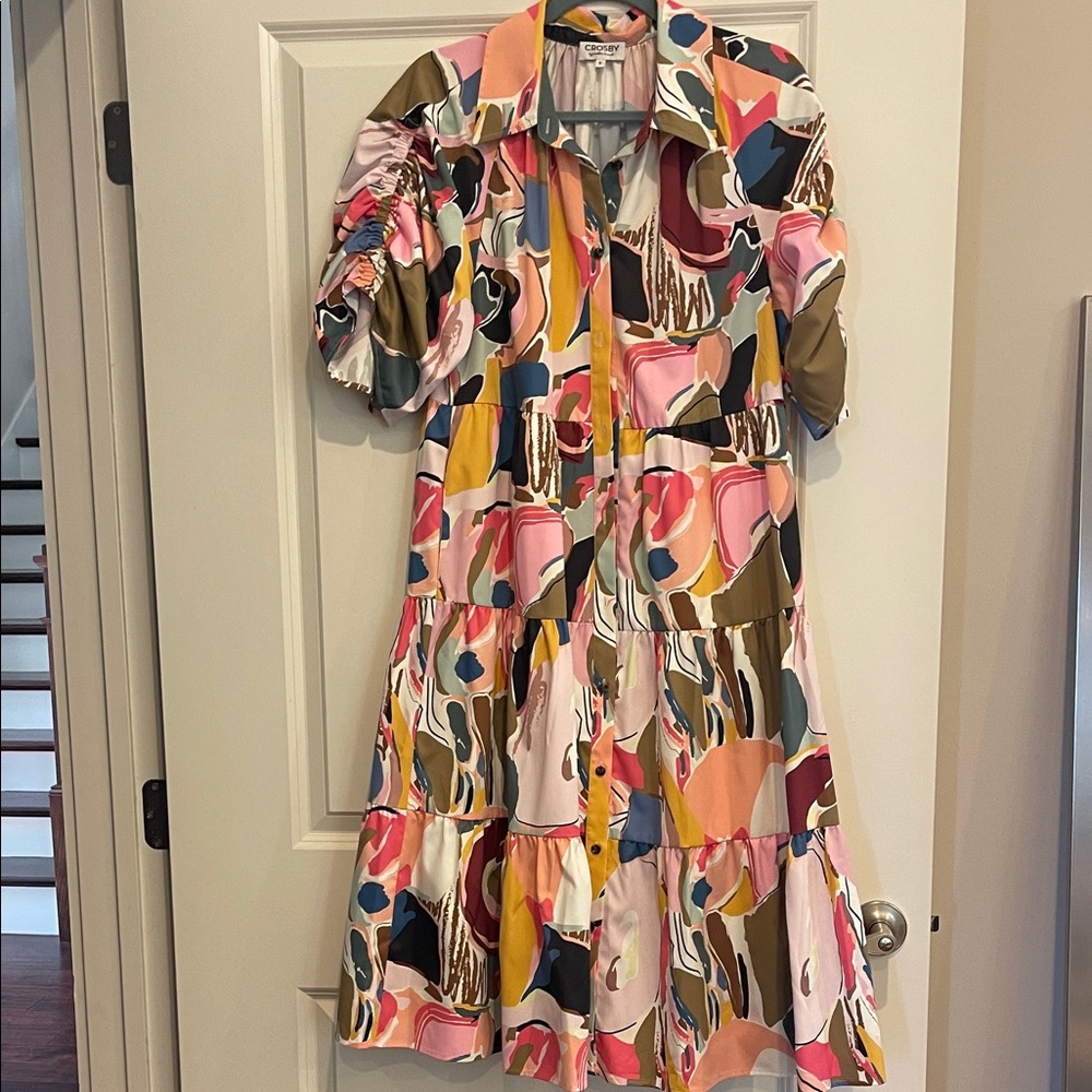 Crosby Colorful Abstract Print Tiered Button-Front Dress